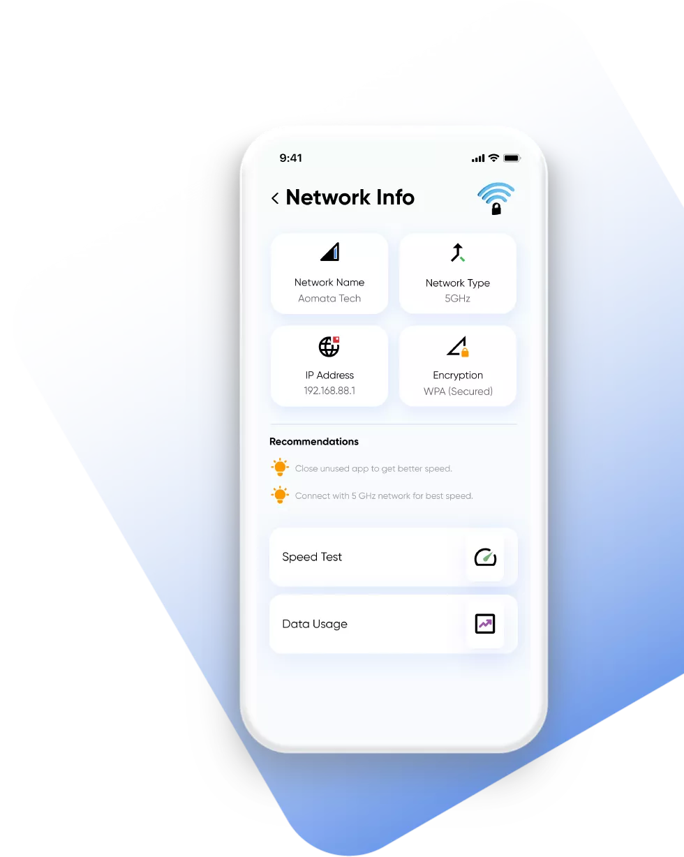Network info screen with speed test and data usage monitoring features